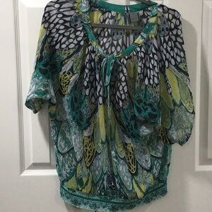 New Directions Weekend Blue and Green Relaxed Tie Front Short Sleeve Blouse